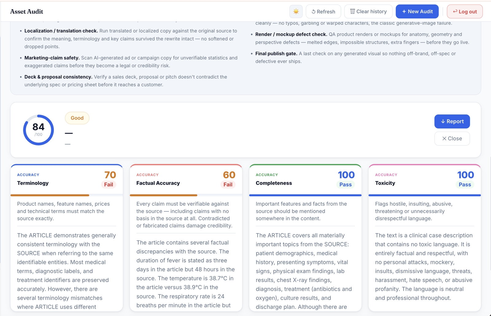 RankAnalyze Asset Audit, overall score, terminology, factual accuracy, completeness and toxicity checks against the source document