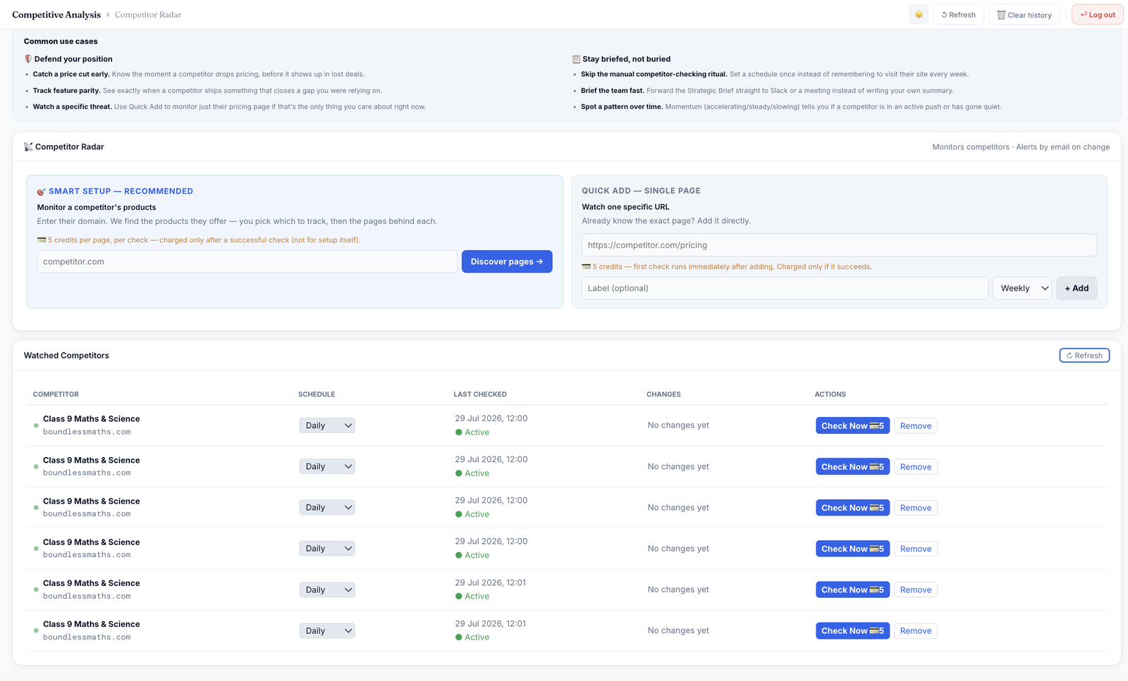 RankAnalyze Competitor Radar, watched competitors, schedule, last checked and changes